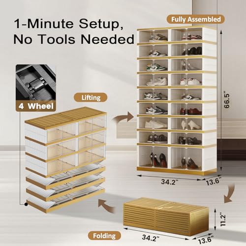 Image of SYNCVIBE Shoe Rack Organizer for Closet Entryway Foldable Sneaker Storage Shoe, Collapsible Shoe Cabinet, Stackable Shoe Storage Cabinet with Lids for Living Room (9 Tiers -36 Pairs White Gold)
