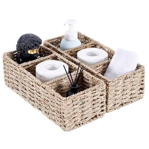 Image of LGENHOOM 3-Section Wicker Basket, Hand-Woven Shelf Baskets, Storage Wicker Basket for Organizing, Natural Seagrass Storage Baskets, 2-Pack, Seagrass