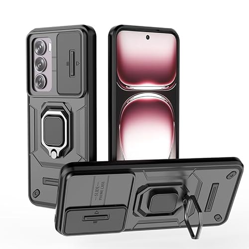 Oppo Reno 12 Pro 5G�P�[�X�Ή��A�X���C�h�J�����J�o�[�Ɖ�]�����O�L�b�N�X�^���h�t���A�X�����Ŋ��ȑϏՌ��ی�P�[�X�A����~�߂Ɨ����h�~�ی�J�o�[(Black)