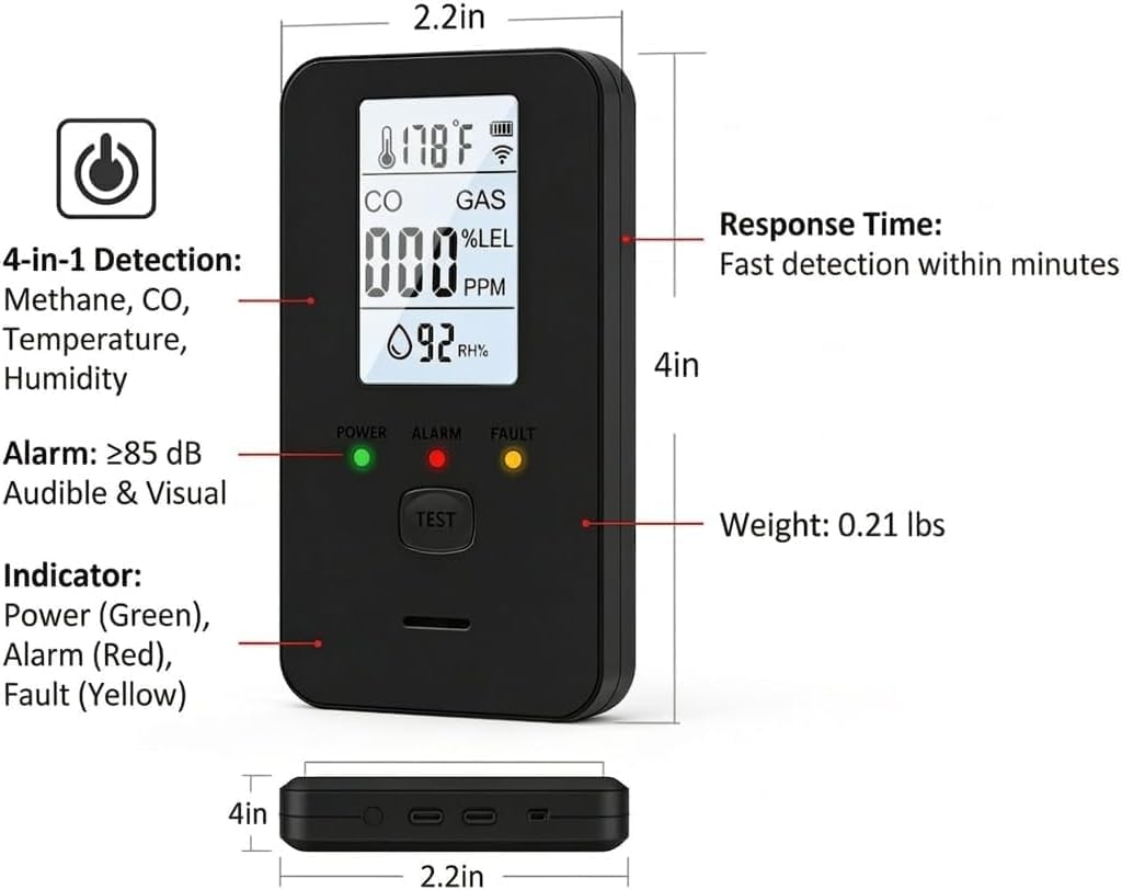 Steadfast Haven 4-in-1 Multi-Function Detector, Portable, with Large Display, Suitable for a Wide Range of Scenarios (Black)
