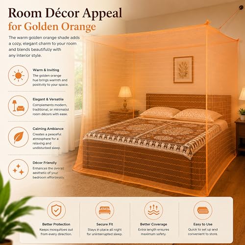 Image of Mosquito Net for King Size Bed & Double Bed (6x7 ft, Wall /Hook Hanging) Poly-Cotton Blend Fabric with Zigzag Wave Line Pattern, Pre-Fitted Bottom & Cotton Ribbon (Golden Orange)