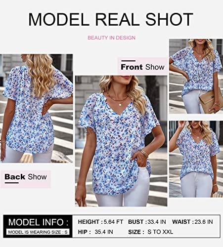 Shewin Womens Fashion Floral Print V Neck Spring Summer Boho Tops Loose Fit Casual Short Sleeve Bohemian Blouses Shirts For Women 2023,Us 8-10(M),Blue #TOP2