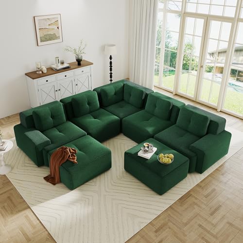 Image of 116.1 inch Modular Sectional Boneless Sofa with 5-Seater, V-Shaped Corner Deep Seat Sofa for Living Room, Big Comfy Cloud Couch with 2 Movable Ottomans, Corduroy Fabric, No Assembly, Green