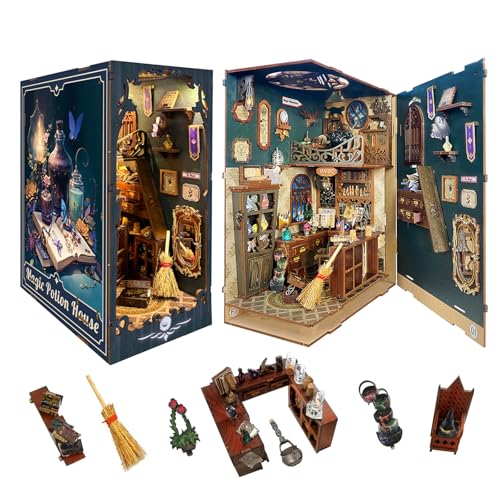 STRUCWOOD Puzzles for Adults Mini Dollhouse Kit Model Kit Bookend Bookshelf Insert Decor with LED Light for Teens Adults - Harry Potter Book Nook - Magic Book Nook - Magic Pharmacist