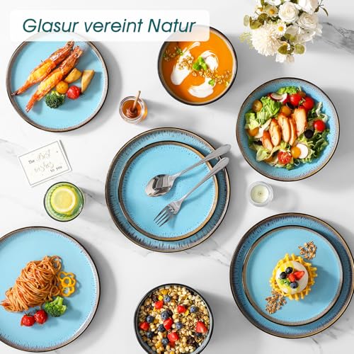 Steingut Geschirr Set 6 Personen, vancasso AMBER Teller Set 6 Personen, Tafelservice 24tlg mit Speiseteller, Dessertteller, Suppenteller, Schüssel, Reaktive Glasur, Seeblau, Spülmaschinenfest 6