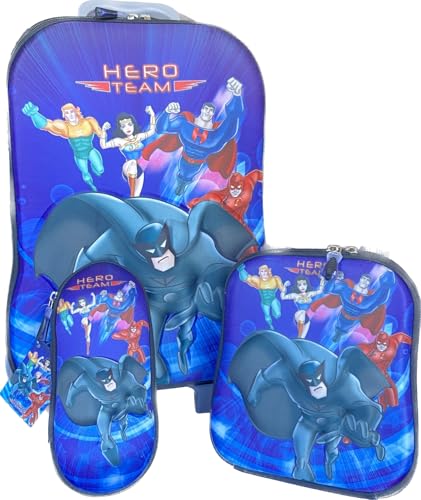 Kit De Mochila Escolar Infantil Masculina Liga Da Justiça 3D Com Rodinha Tripla Em Silicone Acompanha Lancheira E Estojo Resistente Impermeável