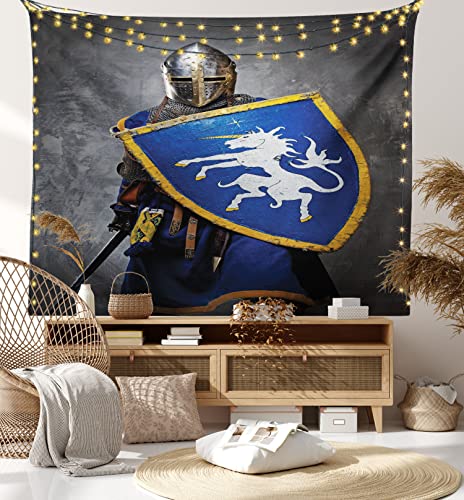 Ambesonne Medieval Tapestry, Medieval Knight Holding An Aged Old Shield Historical Theme Digital Print, Wall Hanging For Bedroom Living Room Dorm, 60" X 80", Blue Grey #TOP6