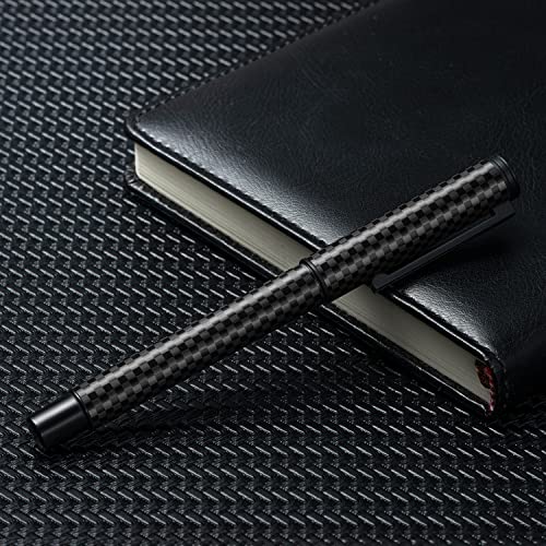 Image of Hongdian Black Carbon Fiber Fountain Pen, Bent Nib Fude Pen for Calligraphy Writing (Fine to Broad) with Converter and Metal Pen Box Set