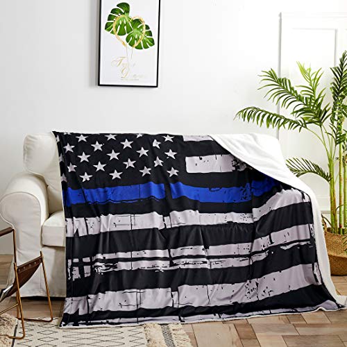 Patriotic US Blue Flag Bed Blanket Law Enforcement Sherpa Throw Blanket American Fleece Plush Soft Cozy Warm Reversible Blanket for Couch 70\"x78\"-Travel Stripe Throw for 4th of July Independence Day