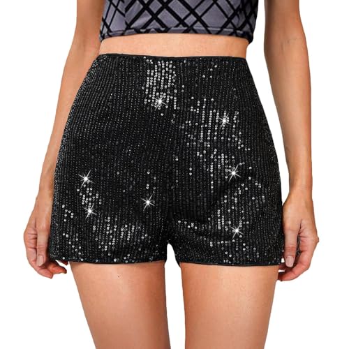 Women's Sparkly Sequin Shorts Trendy Rave Party Concert Sparkle Glitter Micro Shorts High Waisted Disco Outfits (Black, M)