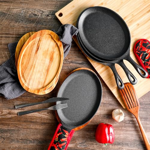 Lallisa 12 Sets Cast Iron Fajita Plate Set Fajita Plate Sizzler Pan with Wooden Tray Anti Scald Protection Hot Mitt Cast Iron Skillet Set for Home Barbeque Kitchen Party Restaurant Catering Service - Image 2