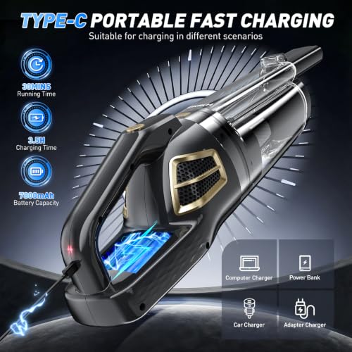 Image of CKIKH Handheld Vacuum Cordless, 15000PA Hand Held Car Vacuum Cleaner | Powerful Suction Rechargeable Vacuum, Portable, LED Light, Multi Accessories, for Home, Office, Pet Hair and Car