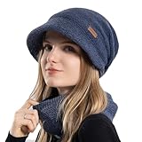 Gajaous Conjunto de gorro y bufanda para mujer, gorro de punto holgado, gorro de punto cálido, forro polar grueso, gorro de invierno, calentador de cuello, multicolor, (2 piezas), azul marino, talla