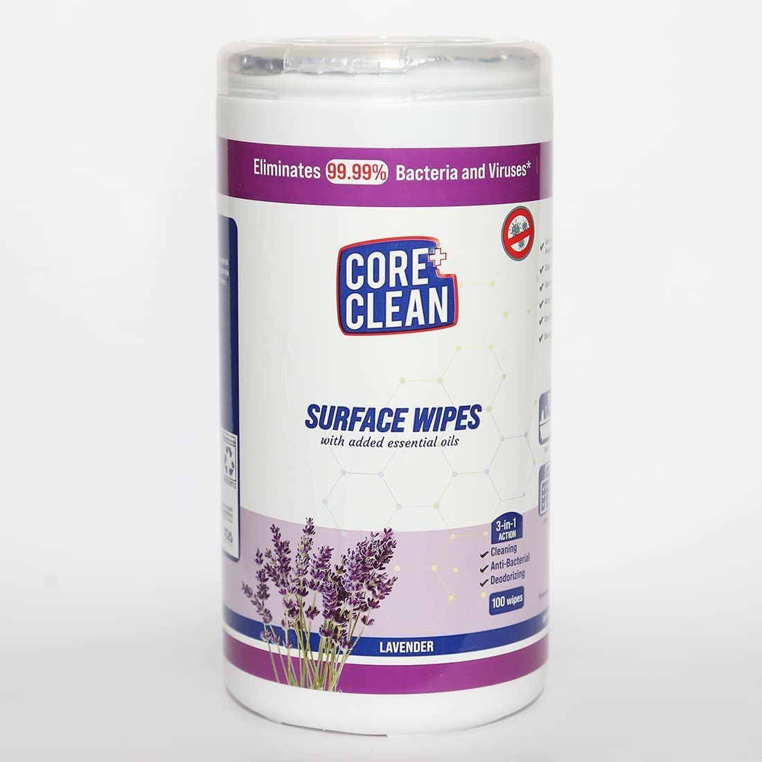 CORE CLEAN Disinfecting Multi Surface Wipe Canister Disinfectant Wipes For Kitchen Home Office Gym College And Classroom 100 Pulls per Canister Lavender Pack Of 2