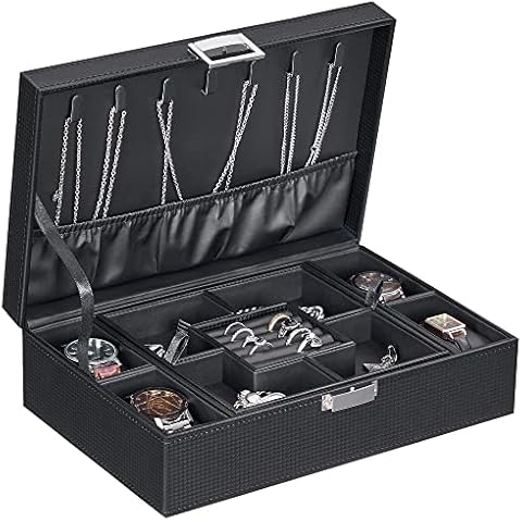 BEWISHOME Mens Jewelry Box Organizer, Jewelry Box for Men Women with 4 Watch Case Removable Tray, Jewelry Display Storage Case, Carbon Fiber Design Earring Ring Bracelet Case, Black SSH07C Cover