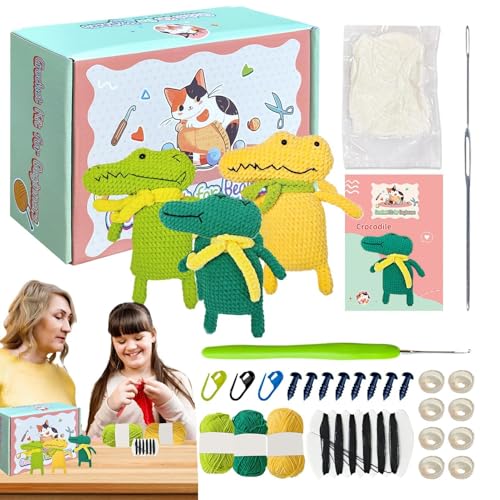 Kit de crochet para principiantes para niños,Kit de ganchillo para adultos - Juego de aprender a crochet con animales | Kit de ganchillo de cocodrilo de dibujos animados con tutoriales paso a paso