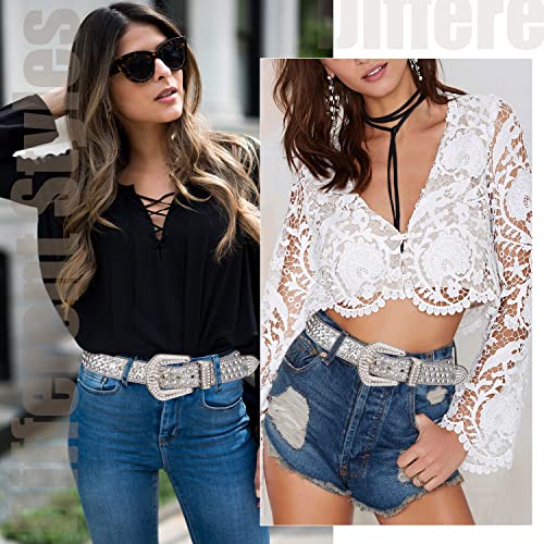 FIORETTO Men Women Rhinestone Belt Bling Western Studded Leather Belt Shining Diamond Cowgirl Cowboy Waist Belt for Jeans4