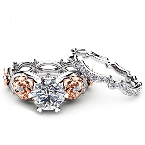 Women's Gorgeous 2 PCS CZ Vintage Engagement Wedding Ring Set Lotus Flower Rose Gold Plated Two-tone Bridal Eternity Rings2