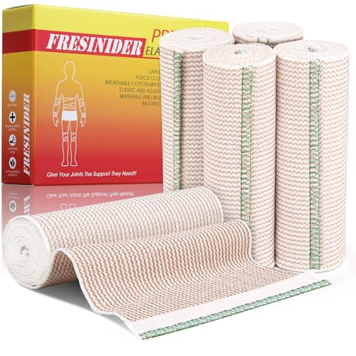 FRESINIDER Premium Elastic Bandage Wrap 5 Pack 6 Cotton Compression Wrap with Hook & Loop Closure at Both Ends Thigh Shoulder & Leg Support 5 ft Long (Stretches up to 15 ft) Sports & First Aid