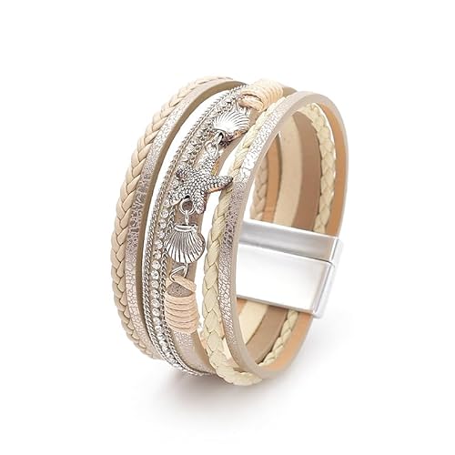 P Ammy Fashion® Women's Retro Multi-bands Leather Starfish Shell Bracelet Boho Cuff Bohemian Wrap Bracelets with Magnetic Clasp