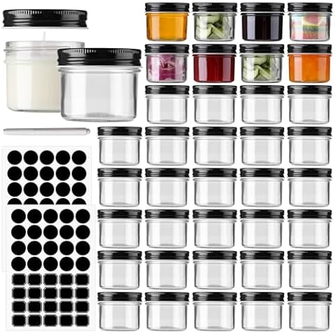 STARSIDE 4 oz Glass Mason jars With Regular Black Lids, 40 Pack 4 oz Canning Jars Containers for Jam, Honey, Candies,Wedding Favors, Decorations. Included 1 Pens and 80 Labels. Cover