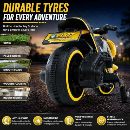 Image of MEKASHI 6V Electric Ride-On Bike for Kids with Bluetooth Music (Yellow) | Realistic styling with LED headlight, rechargeable battery & smooth ride performance for toddlers aged 1-4 years