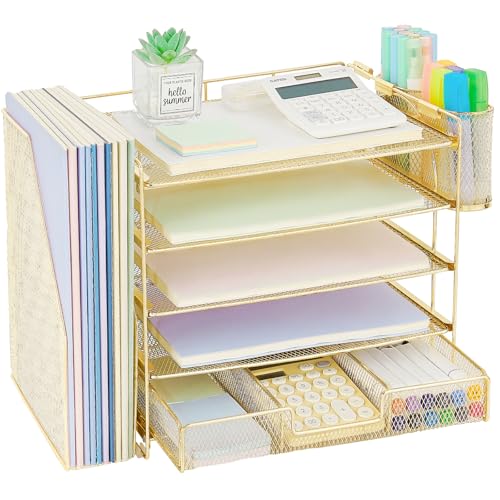 Image of OPNICE Desk Organizer, 5-Tier Paper File Organizer with Drawer & Pen Holder, Office Desk Accessories, Workspace Desktop Organizer for Office Supplies(Gold)
