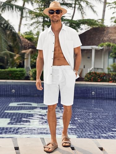 Bbalizko Mens Short Sleeve Button Up Shirts Linen Cotton Beach Tops Spread Collar Plain Summer T Shirt with Pocket4