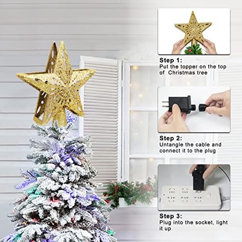Christmas Star Tree Topper, Plug in 3D Glitter Hollow Star Tree Topper