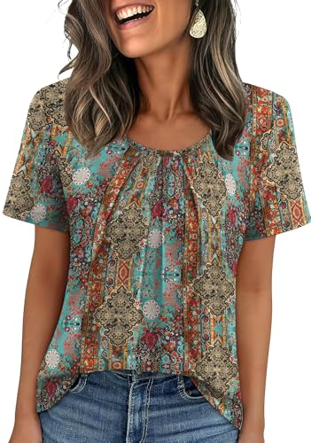 Image of WIHOLL Women T Shirts Pleated Short Sleeve Tops Business Casual Dressy Blouses