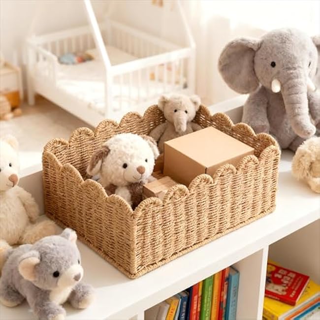 Scalloped Edge Basket, Wicker Storage Baskets, Hand Woven Baskets for Shelves,Natural Baskets for Organizing (M-14 L x 10.5 W x 6 H)