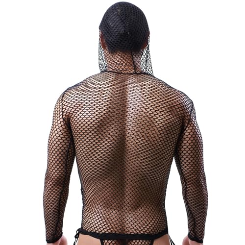 Mens Fishnet Hoodie Mesh Shirt See Through Undershirt Sexy Net Top Long Sleeve Muscle Shirts2