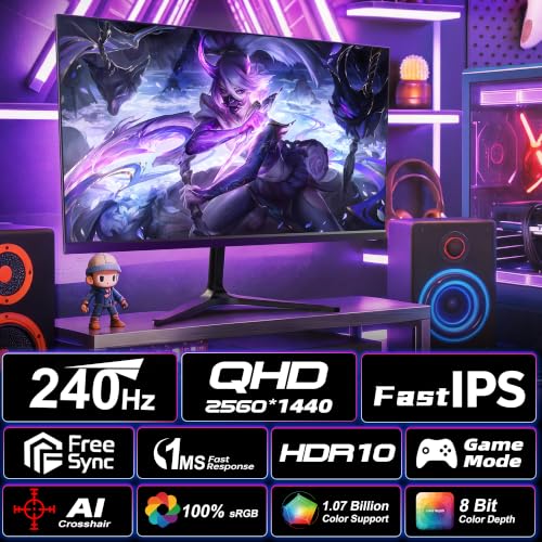Image of 27 Inch 240Hz Gaming Monitor, QHD 2560x1440 Fast IPS Computer Monitor, 1ms MPRT, FreeSync, HDMI & DisplayPort, 100% sRGB, VESA Mountable, Ultra-Slim Bezel for FPS Gaming and Office