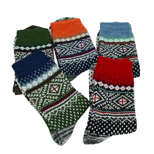 Image of 5 Pairs Vintage Winter Women Socks Warm Thick Knitted Soft Wool Socks Christmas Gifts Cozy Crew Socks