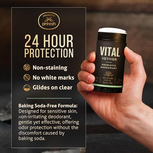 Image of Honestly pHresh Prebiotic Natural Deodorant for Men - Aluminum & Baking Soda Free with 24 Hour Odor Protection. Clean Vegan Deodorant for Sensitive Skin. Made In USA - Vital Vetiver Scent, 2.5 oz