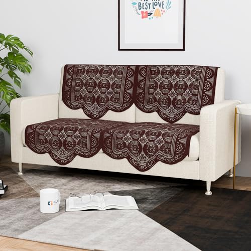 Image of Kuber Industries (Set of 6) Stylish & Durable Cotton Sofa Covers 2+1 Seater | Washable Sofa Protector /Mat & Slipcover for Living Room & Office | Plain Circle - Brown