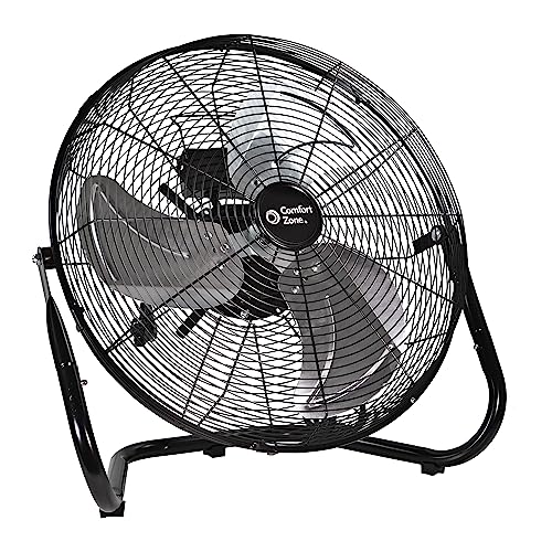 Comfort Zone Cradle Floor Fan, Electric, High-Velocity,180 Degree Adjustable Tilt, 18 inch, 3 Speed, Carry Handle, Rubber Feet, Metal, Airflow 19.36 ft/sec, Ideal for Garage or Workshop, CZHV18BK