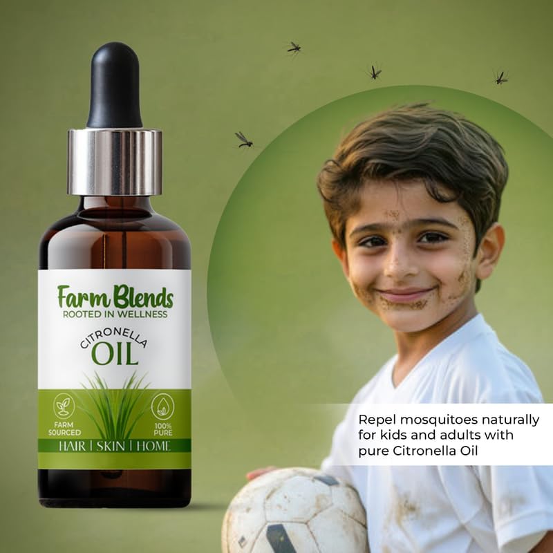 Image of Farm Blends Citronella Essential Oil | 100% Undiluted Pure | Natural Mosquito Repellent, Anti Acne, Anti Dandruff, Removes Bad Odor, Diffuser | Farm To Home | Cymbopogon winterianus | 10ML + 10ML (Pack of 2)