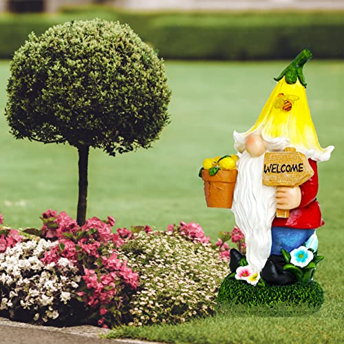 Garden Gnome Statue Solar Resin Sculpture Goblin Figurine Decor With Flower Holding Welcome Solar Powered Led Lights Waterproof For Outdoor Patio Yard Lawn Porch #TOP6