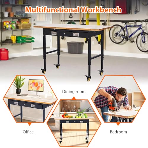 60" Work Bench, Heavy Duty Adjustable Height Table with Power Outlets, Portable Garage & Workshop Work Bench, 2000 LBS Capacity, Office, Home Use, Easy Assembly, Multipurpose Utility Table
