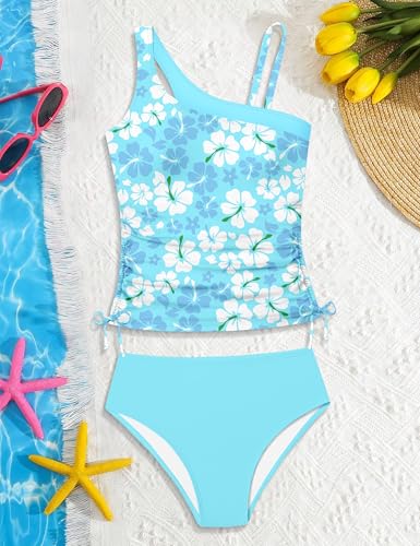 Image of AGAPENG Girls Swimsuit Two Piece One Shoulder Tankini Floral Print Drawstring Swimwear Set 7-14Y