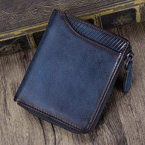 Preisvergleich Produktbild WZV Brieftasche Retro Herren handgefertigte Brieftasche Herren Brieftasche Kurze Brieftasche Herren Reißverschluss,Blue