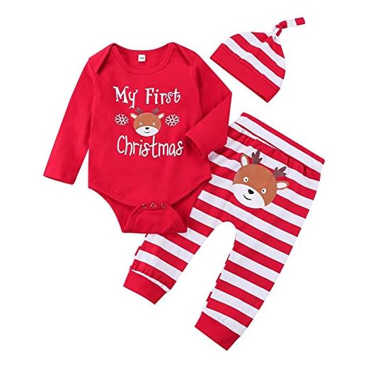 My First Christmas Baby Girls Boys Mameluco Rojo con Pantalones a Rayas y Sombrero Conjunto de 3 Piezas para recién Nacido