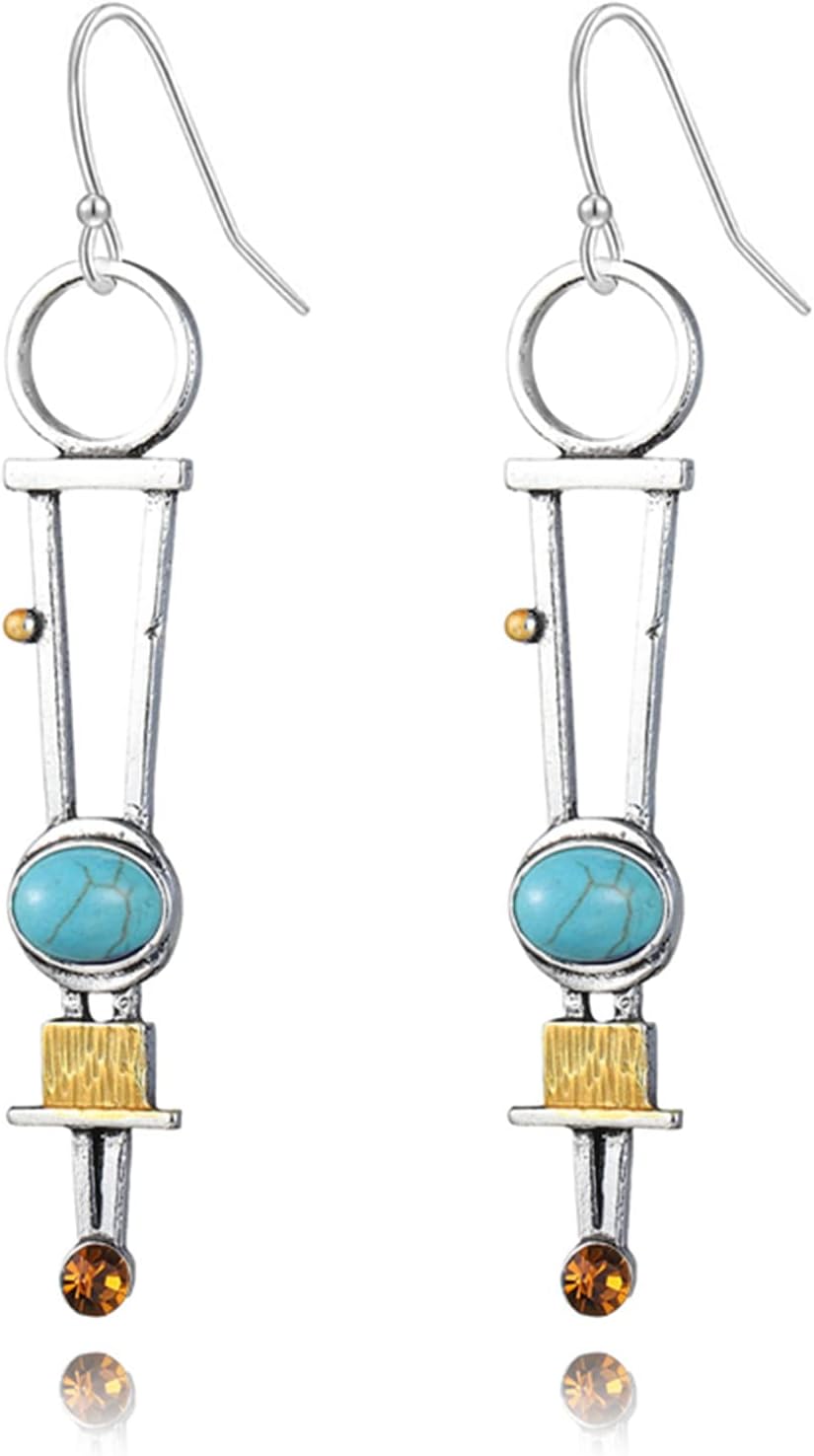 Long Boho Handmade Earrings for Women Vintage Silver Round Circle Geometric Natural Retro Bohemian Ethnic Lightweight Turquoise Stone Statement Earrings Dainty Jewelry Gifts
