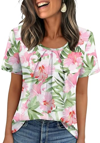 Image of WIHOLL Women T Shirts Pleated Short Sleeve Tops Business Casual Dressy Blouses