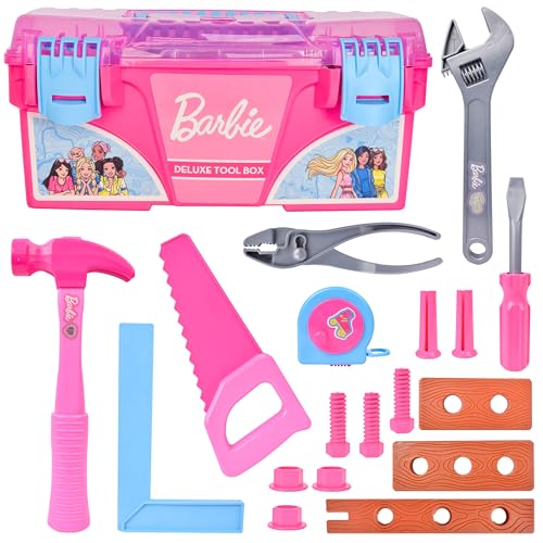 Barbie Tool Box Playset – 18 Piece Deluxe Tool Set, Pretend Play Construction Tools with Tape Measure, Girls Pink Tool Box with Handle, Perfect Preschool Role Play Toy for Kids