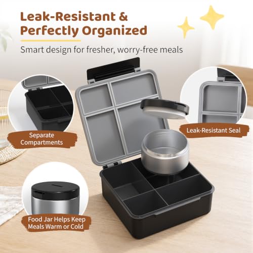 Image of Bento Lunch Box with 8oz Soup Thermo, Kids Leakproof Lunch Food Containers with 4 Compartment, Kids Thermo Insulated Hot Food Jar for School, Trvael (Grey)