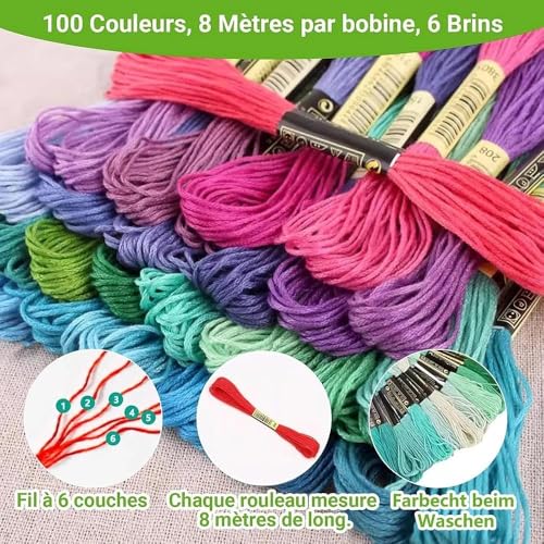 3PCS Stickgarn Set, 100 Farben Stickgarn Baumwolle, Embroidery Thread mit Markierklammern, Fadenführer, für Kreuzstichfaden, Armbandfaden, Basteltwist