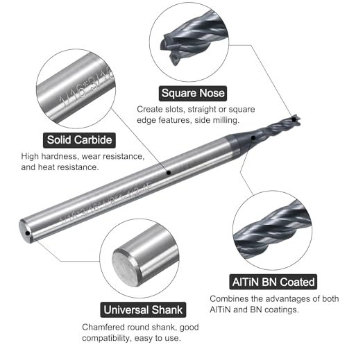 Image of uxcell 5pcs Carbide Square End Mills, 1 /16 inch Dia AlTiN BN Coated 4 Flutes Milling Bit Cutter, for Hardened Steel Cast Iron Alloy Metal, 1 /8 inch Shank 3 /16 inch Cut Length 1-1 /2 inch Long HRC50