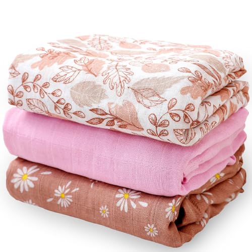 Image of Happy Flute 3 Set Muslin Swaddle Blankets,Essential Baby&Newborn Swaddling,Perfect for Boys&Girls,Receiving Blankets,Nursing,Stroller Cover,Large 47.2x43.3 inches Swaddle Wrap Burping Clothes. (Pink)